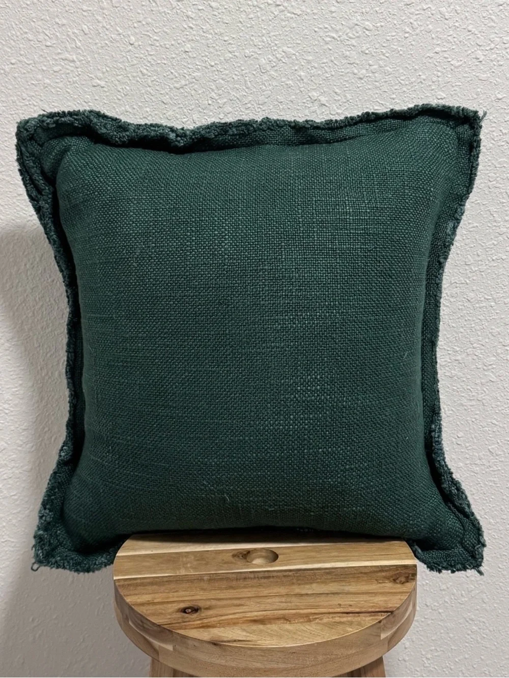 Anthropologie Luxe Emerald Green Linen Blend Pillow Cover 18x18 Fringed Edge